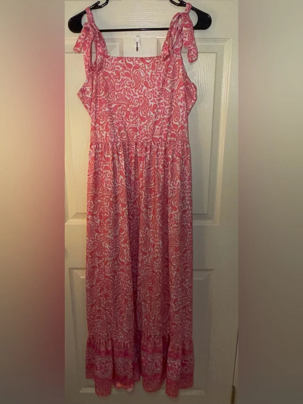 Pink Paisley Tie Shoulder Ruffle Maxi Dress